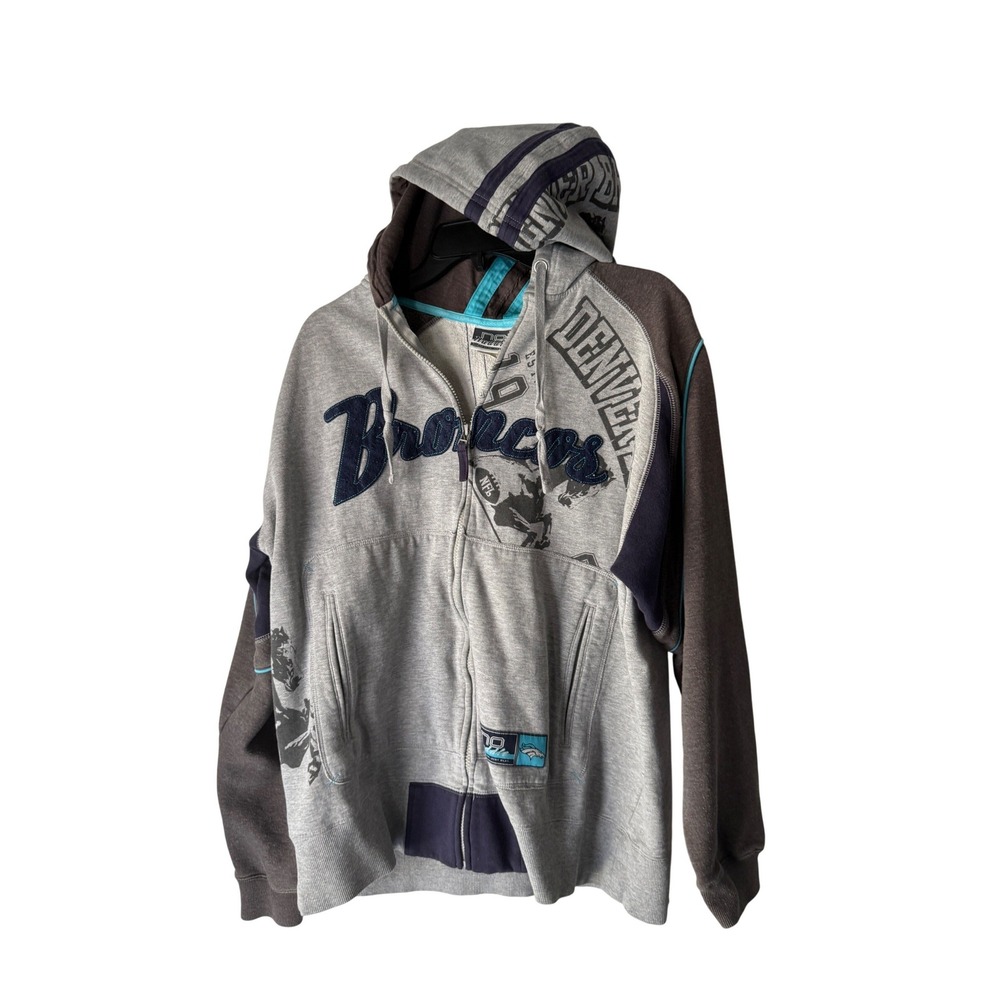 Mens Vintage Y2k Denver Broncos‎ NFL Full Zip Hoodie Gray Blue Size M